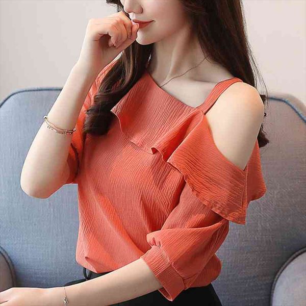 

fashion women blouses off shoulder slash neck chiffon blouse shirt short sleeve women shirts b49, White