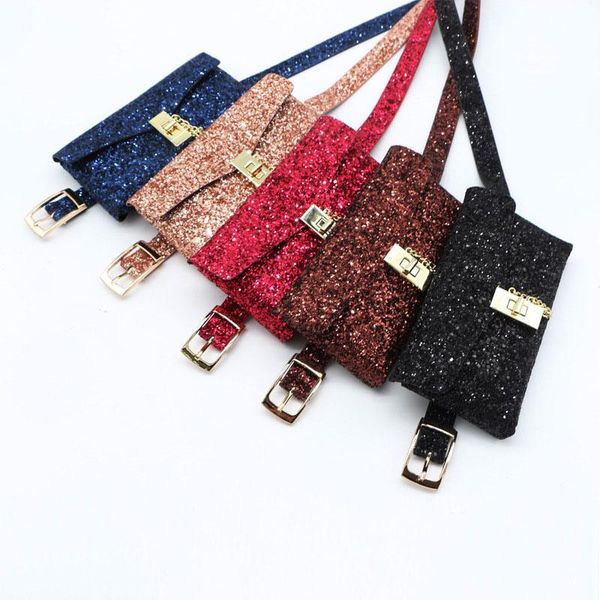 

new fashion glitter pockets metal buckle chain decorative handbags women's pockets belts can be used for multi-purpose models, Black;brown