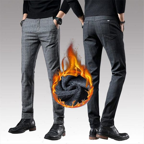 

2020 winter mens stretch pants thick warm fleece dress pants business plaid black grey trousers casual pants male size