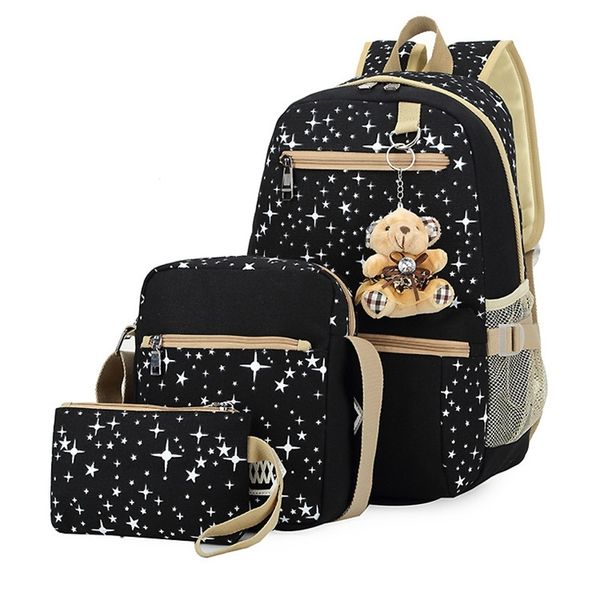 

3pcs/set women backpack school bags star printing cute backpacks with bear for teenagers girls travel bag rucksacks mochila t200114