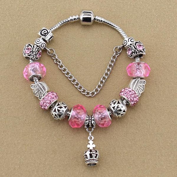 

charm bracelets european retro crown pendant pink crystal glaze for female bracelet noble zipper lucky apparel jewelry, Golden;silver
