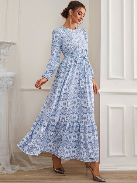 

allover print bishop sleeve ruffle hem belted dress c7fu#, Black;gray