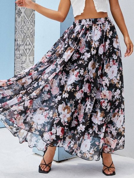 

allover floral flowy flare skirt x4mi#, Black