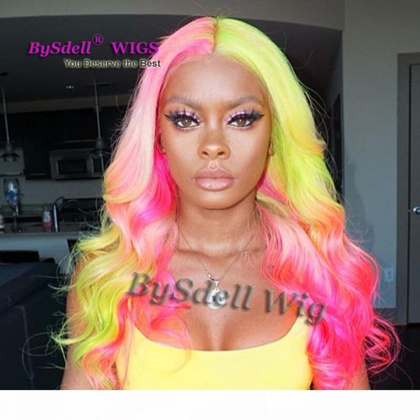 

long pastel rainbow hair wig synthetic rainbow color pink fluorescent green ombre hair lace front wig mermaid cosplay party wigs, Black