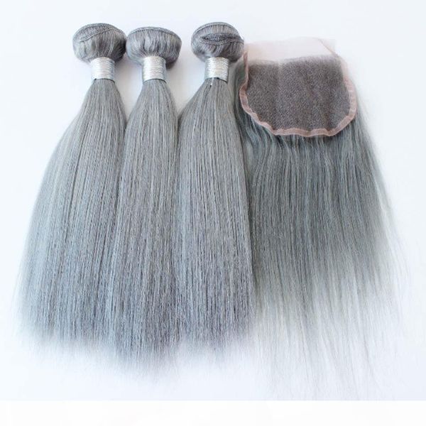 

3pcs hair with closure human hair grey brazilian straight silver grey hair extensions grey weave bundles with closure in stock, Black