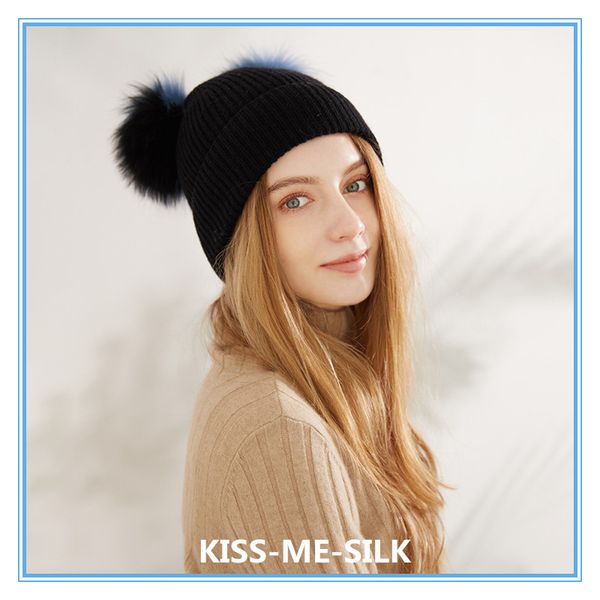 

beanie/skull caps kms autumn winter cashmere blue and black color matching double wool ball knitted hat warm soft comfortable 23*24cm/69g, Blue;gray