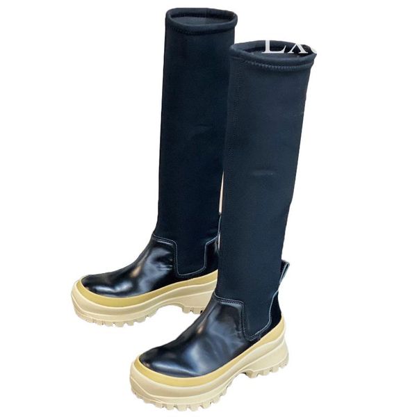 

knee high stretch shaft boots women chunky flat heel slip-on thin long boots upper real leather thick soled comfort women, Black