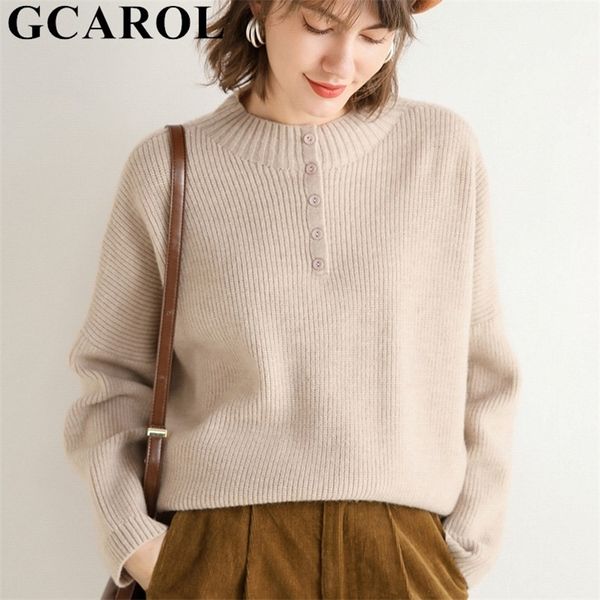 

gcarol women stand collar cashmere sweater autumn winter button decoration drop shoulder knitted bottom jumper loose pullover 201223, White;black