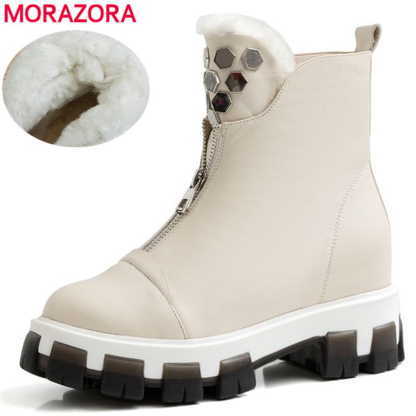 

morazora 2020 new full genuine leather ankle boots women zipper nature wool warm winter boots ladies shoes cowhide snow boots 1026, Black