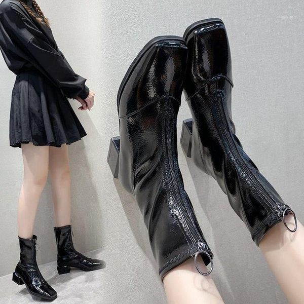 

2020 winter women's shoes boots zip solid square toe fashion leisure non-slip warm riding boots1, Black