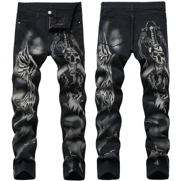 

atyer design printed men's jeans trendy micro elastic 2020 new men's printed and for jeans pants trousers trousers men pants and f, Blue