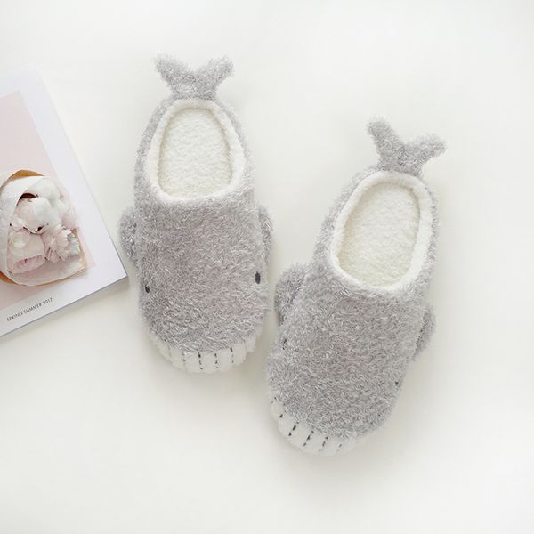 

kawaii gray whale home slides autumn winter women cartoon animal warm indoor non-slip plush shoes girl soft flat cotton slippers x1020, Black