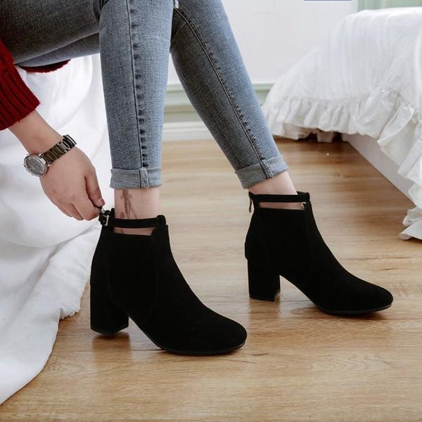 

boots big size 9 10 11 12 women shoes ankle for ladies woman winter belt buckle rear zipper thick heel1, Black