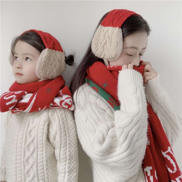 

christmas parent-child knitted scarf, neck children's and earmuff dual purpose wool thickened warm scarf for women, Red;brown