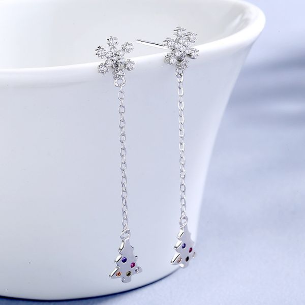 

s925 sterling silver snowflake christmas tree earrings with diamond, simple and sweet girl's heart snowflake long earrings, Golden