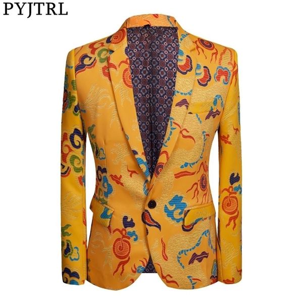 Pyjtrl Бренд Tide Мужская китайский стиль Dragon Pattern Digital Print Suit Куртка свадьба ночной клуб Stage Blazer 201104