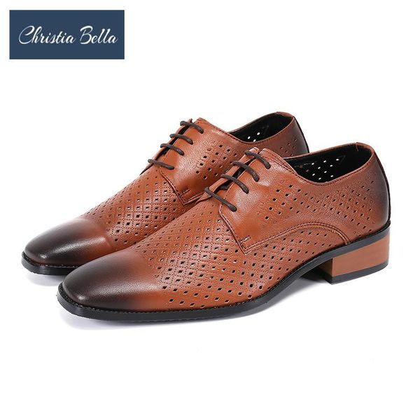 

christia bella italian handmade genuine leather men oxford shoes breathable hollow out business brogue shoes lace up men, Black