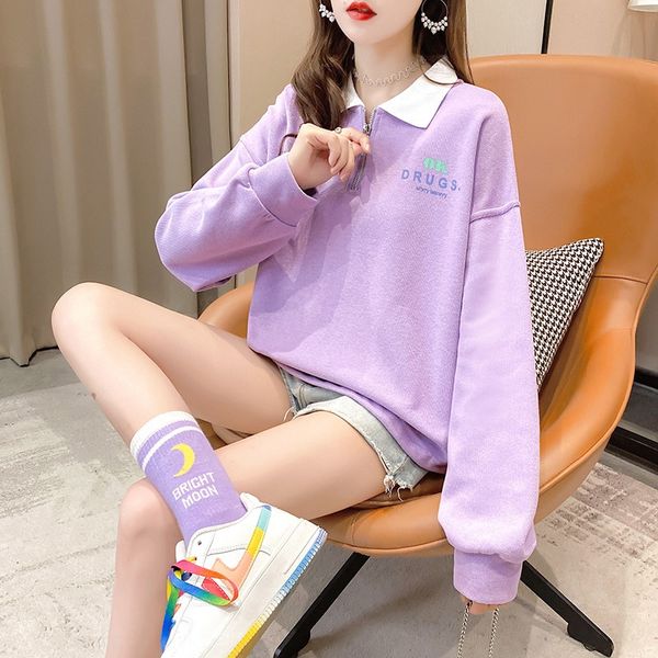 

осень 2020 новый стиль коммутирующих туалетную женщин тонкая футболка молния поло воротник молния развязывать с длинным рукавом t-shirt боль, Black