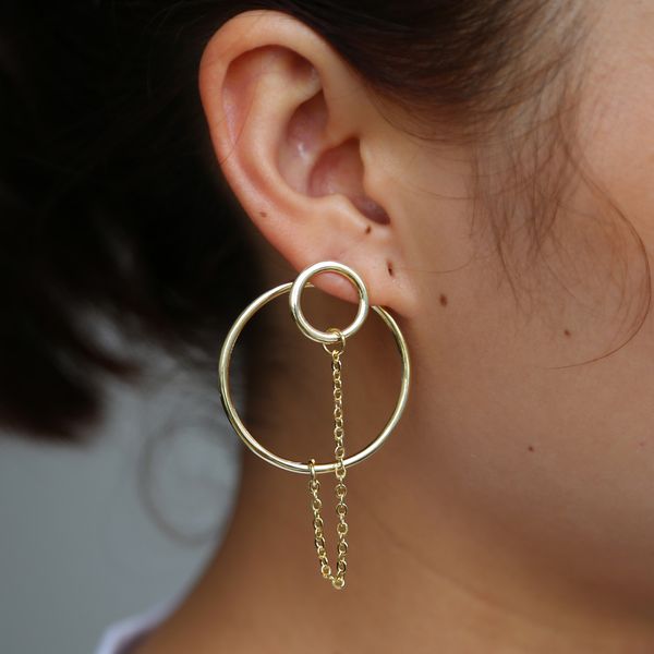 

перевозка груза падения серьги большие кружочки двухсторонняя связаны chian золотой цвет моды круглые серьги элегантный женщина девушки ювел, Golden