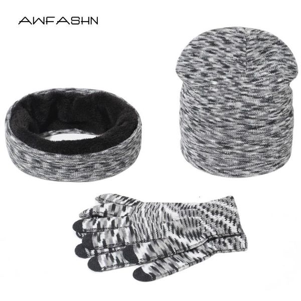 

winter hat and scarf gloves set for women knitted thick warm cap men solid casual beanie caps soft touch screen gloves, Blue;gray