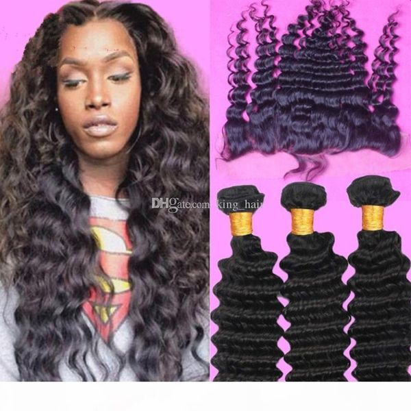 

9a brazilian virgin human hair ear to ear lace frontals with bundles 4pcs lot deep wave hair weaves with lace frontal closure, Black
