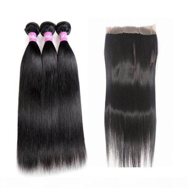 

straight hair weaves 3 bundles with 360 degrees closure remy hair brazilian malaysian virgin human hair extensions 100g bundle 8-28inch, Black