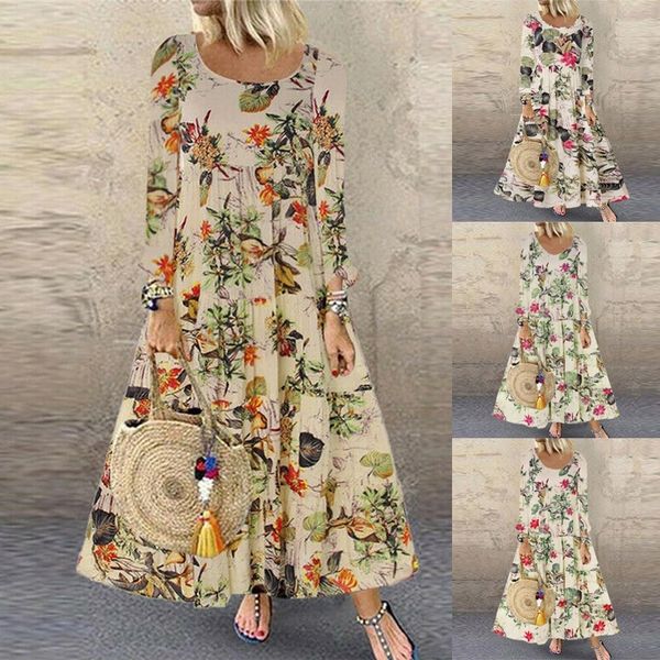 

women vintage flroal printed plus size long sleeve autumn casual pacthwork dress robe femme bohemian sundress dresses y200805, Black;pink