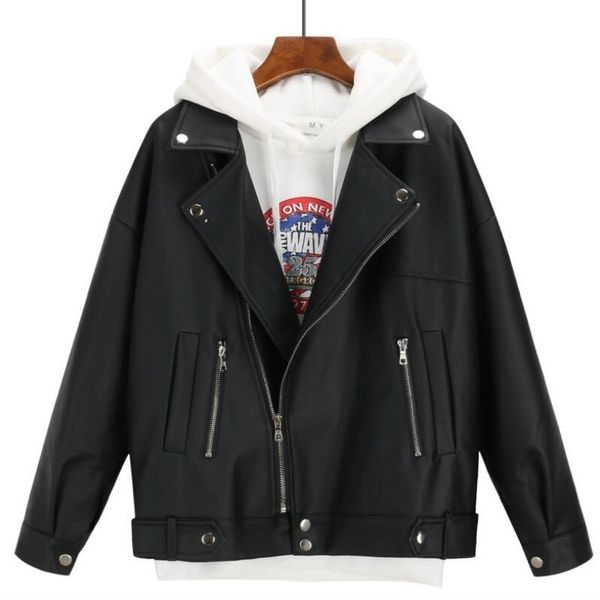 

women korean style women oversize autumn leather jacket outwear female casaco feminino coat black 201030