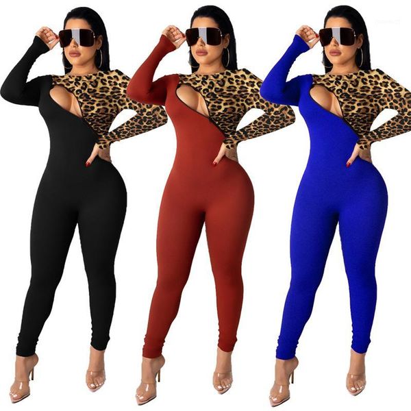 

wantmove women jumpsuits leopard zipper splice long sleeve bodycon casual club s-xxl jumpsuit wm12331, Black;white