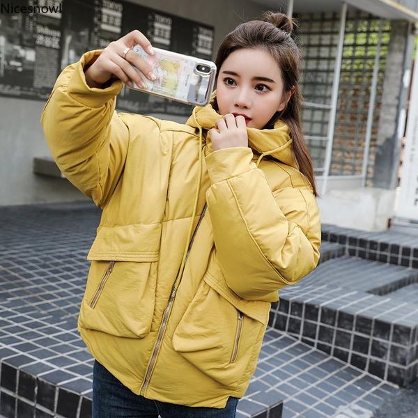

sweet big pocket design women warm thicken hooded down parkas coat fashion girl's winter jacket women short cotton outerwear, Black