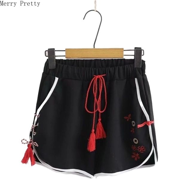 

floral embroidery cotton shorts with pocket hight waist loose shorts 2020 summer casual elastic waist lace up short pants t200701, White;black