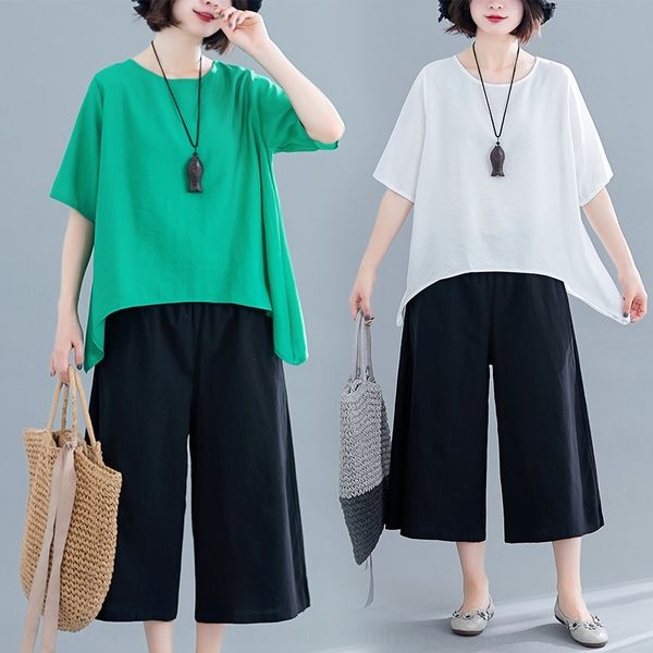 

kcjg2 small fresh and hemp suit women's 2019 two-piece wear cotton large casual 7-point wide leg pants fashion summer set wide leg pant, Gray