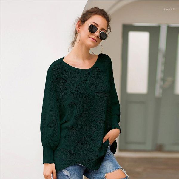 

womens batwing long sleeves hollow out knitted sweaters crew neck irregular wave hem casual loose pullover jumper s-xl 831a1, White;black
