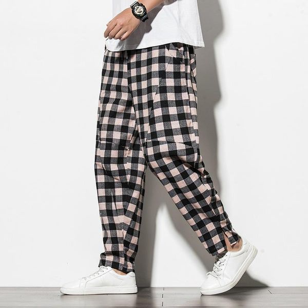 

men's pants plaid linen knickerbockers summer loose toe chinese wind trend cotton linen comfortable breathable casual pants size1, Black