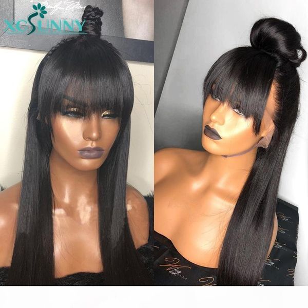 

13x6 straight lace front wig with bangs 180 density deep part remy brazilian human hair wigs glueless for women xcsunny, Black;brown