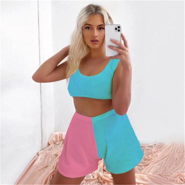

contrasting panelled sets fashion high waist short casual slim vest suits designer female summer sports yoga loose tracksuits women, Gray