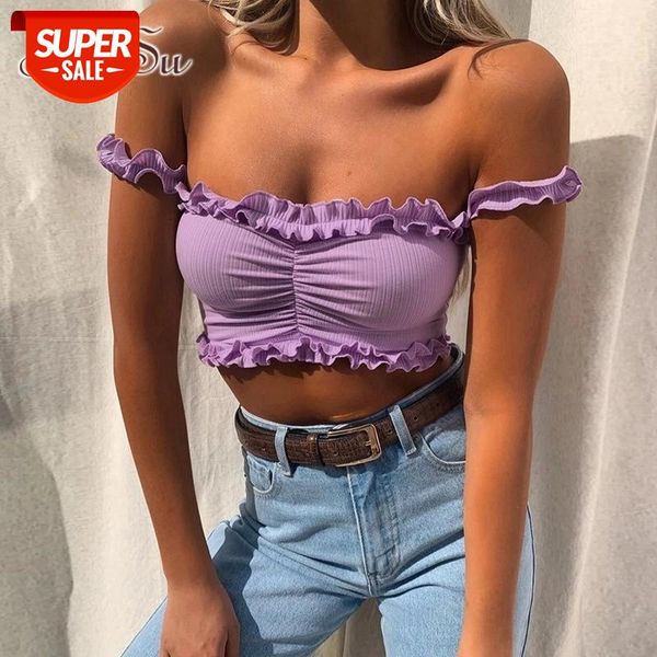 

artsu purple ruffle crop women backless off shoulder t-shirt 2020 summer tee shirt romantic elegant ladies asts21589 #si9v, White