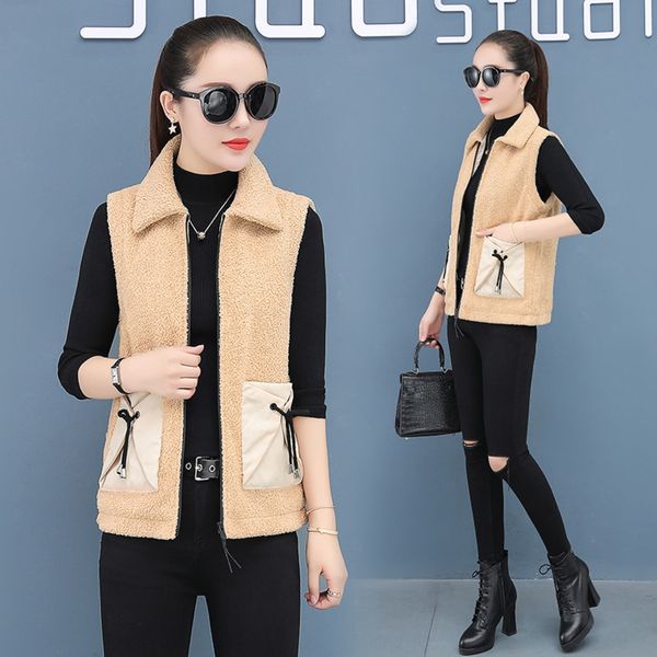 

autumn and winter women's lambs plush women's korean fashion lapel vest vest versatile loose waistcoat waistcoat ggjyu, White;black
