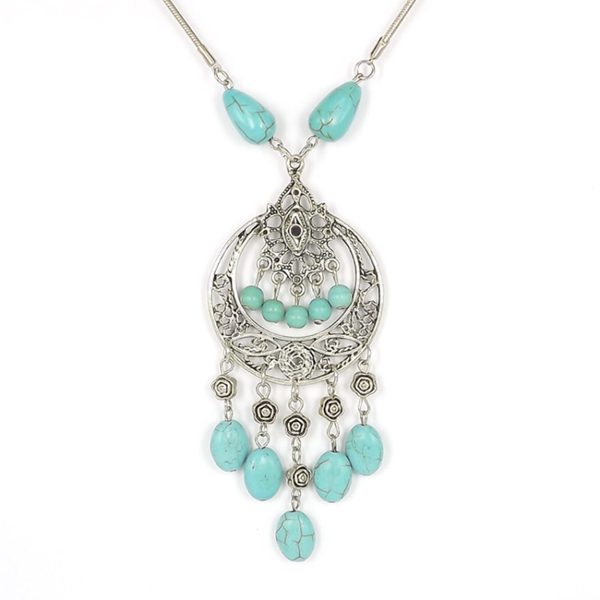 

bohemian style silver plated decorative pattern with green turquoises stone beads pendant link chain necklace