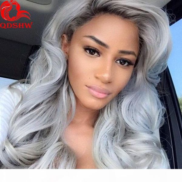 

silver grey human hair wigs ombre for women glueless body wave virgin peruvian silver grey full lace front ombre wig with baby hair, Black;brown