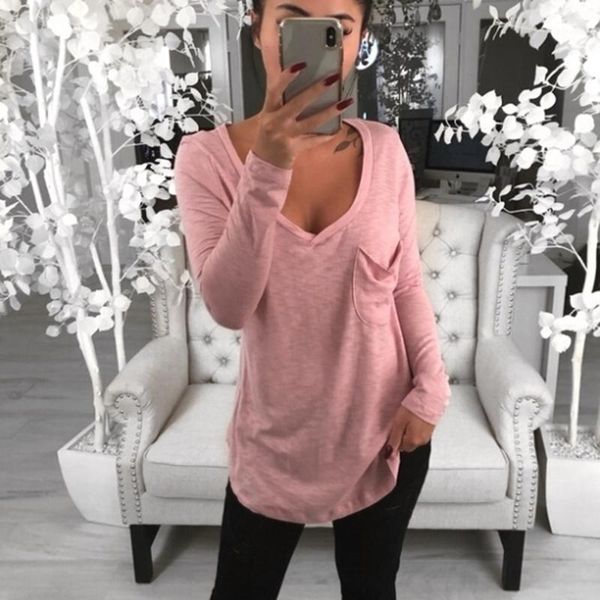 

2020 new fashion solid deep v-neck pocket thin long sleeve bottoming shirt casual women's clothing women's, White