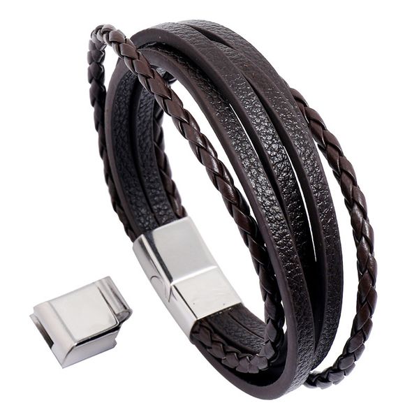 

jewelry multi layer braided stainless steel men's leather bracelet simple magnet buckle pu leather bracelet, Silver