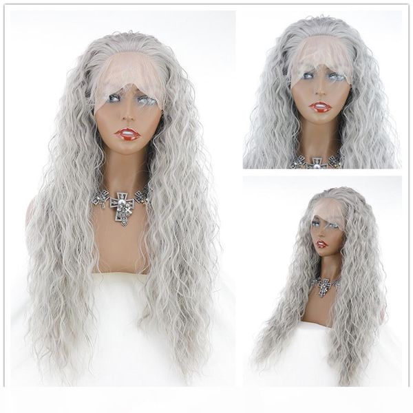 

grey loose wave hair wigs synthetic 13*4 lace front wig high temperature fiber with baby hair for women ship, Black;brown