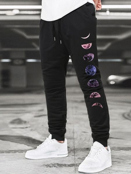 

men moon print drawstring waist sweatpants k5nj#, Black