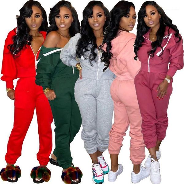 

25m1015 autumn winter women casual sports solid zipper with hood two piece set and pants tracksuit sweatsuit outfits1, Gray