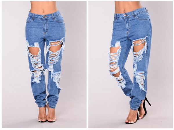

women loose high waist jeans pants trousers denim stylish womens loose hole cool denim jeans womens fashion denim pants large size, Blue
