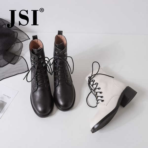 

jsi winter genuine leather fashion ankle med heel ladies shoes round toe lace-up women boots jo269 t200425, Black