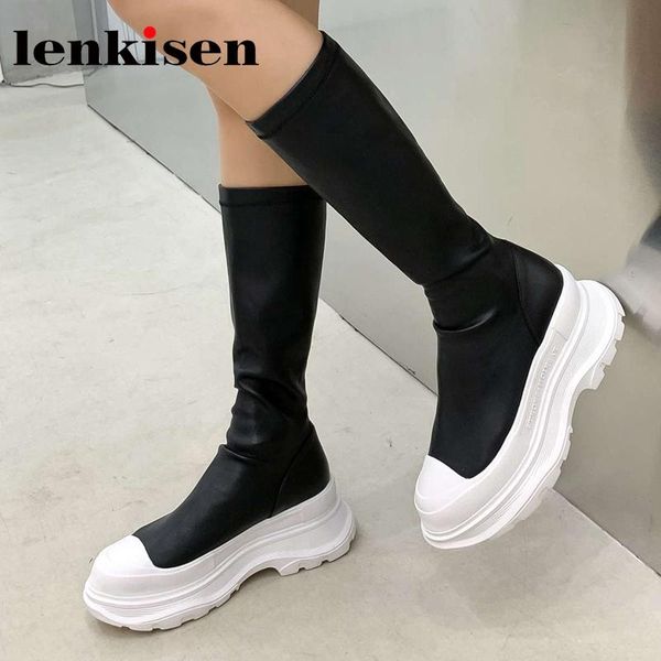 

lenkisen 2020 new arrival round toe flat platform stretch boots simple style beauty lady streetwear modern knee-high boots l63, Black