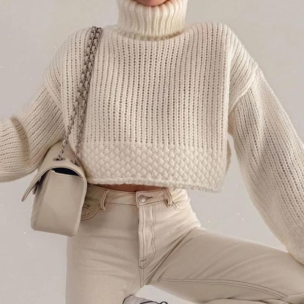 

women's sweaters cutewear knitted white autumn winter sweater women basic long lantern sleeve warm crop female turtleneck streetwear, White;black