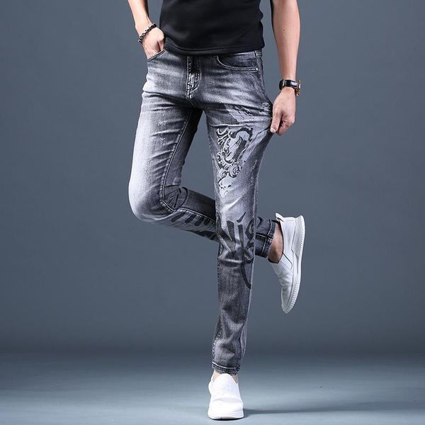 

2020 mens retro jeans men's printed grey pants small feet stretch korean slim casual trousers autumn and winter pencil pants, Blue